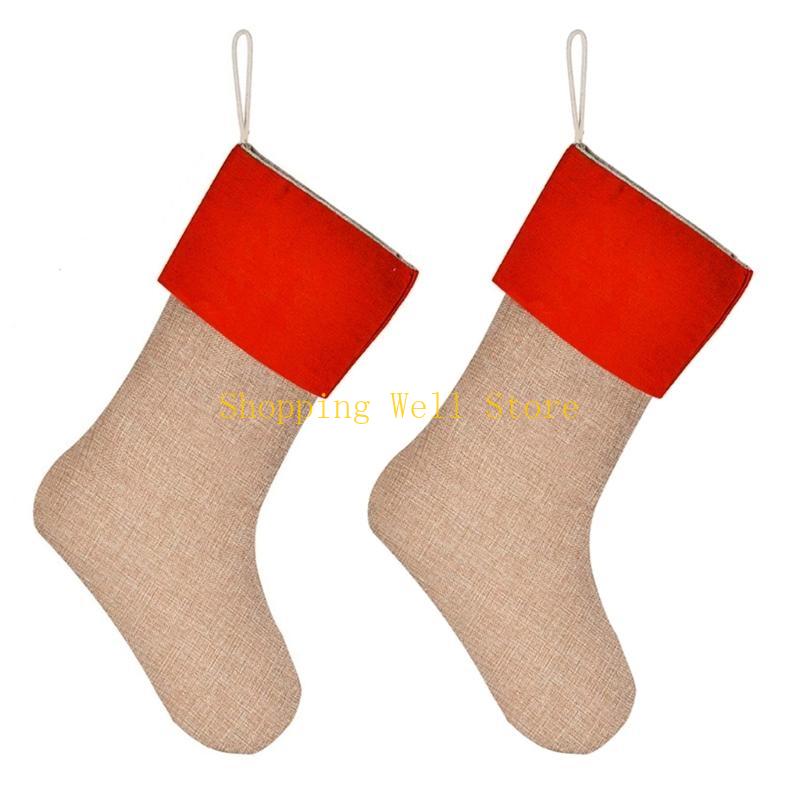 KX4B 2Pcs Burlap Socks Large Capacity Christmas Stocking Stylish Present Bag Handmade Holiday Decoration for Fireplaces