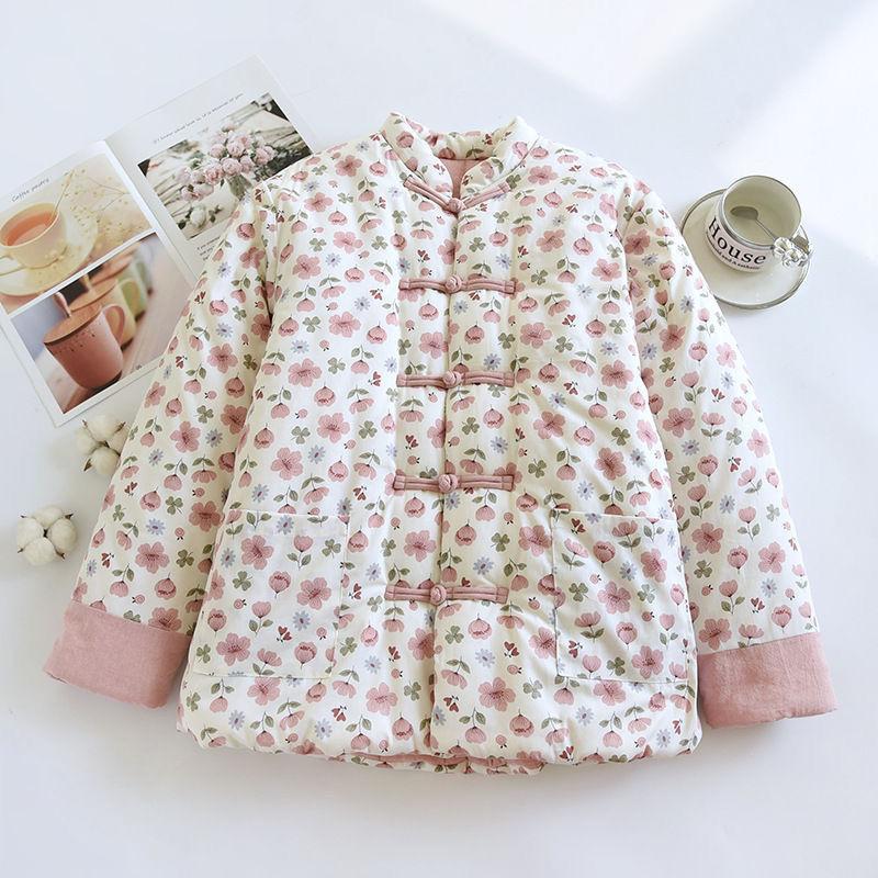 Mamas Vintage Verdickte Baumwolljacke Handgemachter Floraler Wintermantel Warme Baumwollwattierte Oberbekleidung