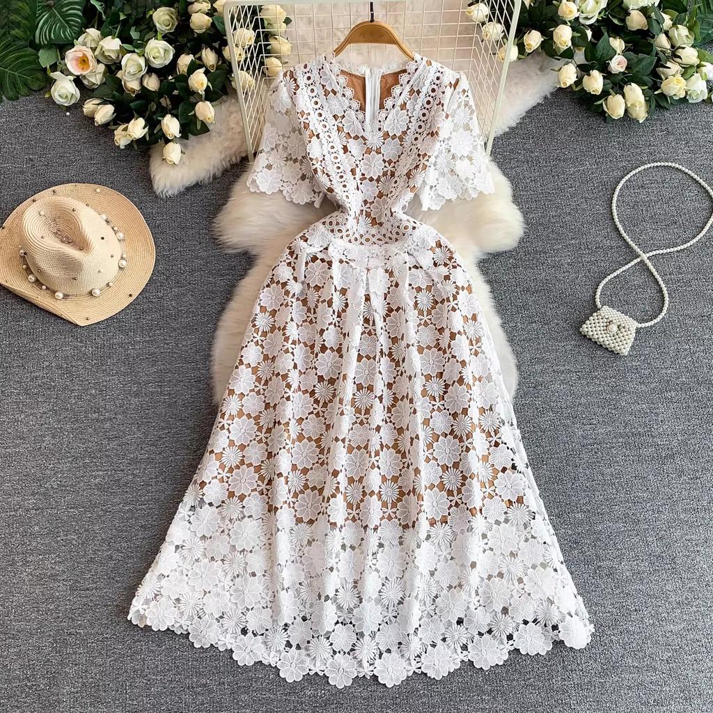 Summer Formal Evening Dress Women Hollow Out Crochet Lace Embroidery Party Long Dresses Female Short Sleeve Midi Dress