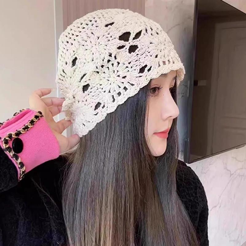 Women'S Solid Color Crochet Hollow Knitted Hat Summer  Vintage Beanie