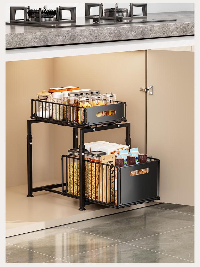 Double-Layer Pull-Out Basket Storage Rack for Under-Counter Bathroom and Kitchen