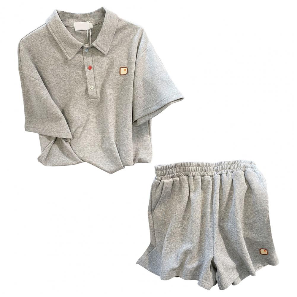 

2 шт./комплект женский летний топ шорты комплект пуговицы отложной воротник короткие рукава стиль преппи футболка эластичный пояс свободный боковой карман M серый