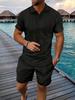 2026 Men's Summer Lapel Short Sleeve Shirt & Shorts Set - Casual Solid Color Jacquard Two-Piece