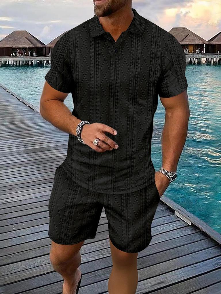 2026 Men's Summer Lapel Short Sleeve Shirt & Shorts Set - Casual Solid Color Jacquard Two-Piece