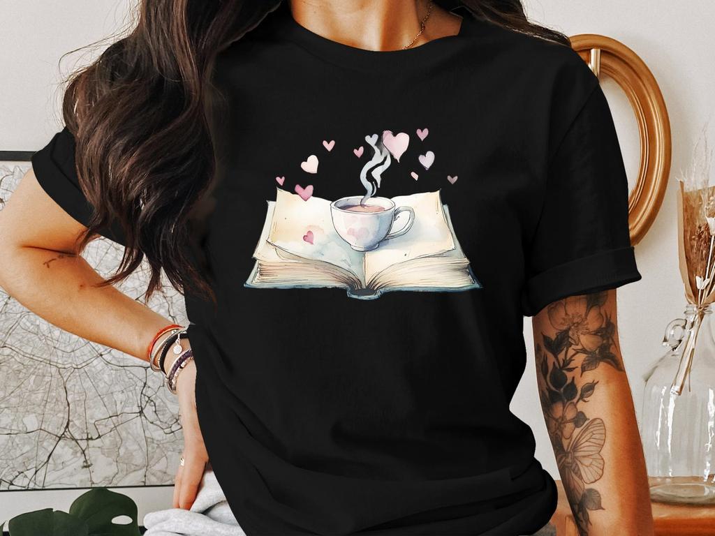 Cozy Cottagecore Book Lover T-Shirt, Whimsical Heart and Coffee Design Tee, Nature Enthusiast Gift Shirt, Relaxed Reading Top