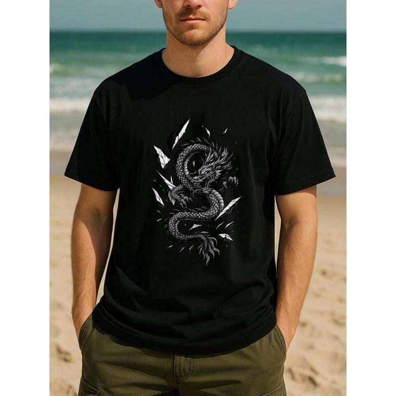 European sizes Breaks the White Dragon Totem Men'S Print Short-Sleeved Shirt | Regular Fit, Sweat-Absorbing and Quick-Drying