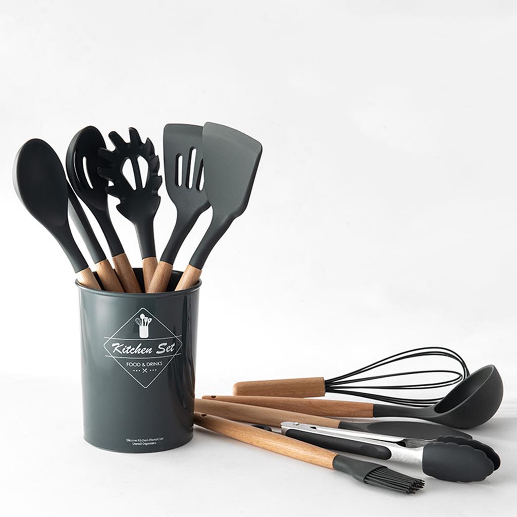 11PCS Cooking Utensils with Storage Holder Kitchen Utensil Set Silicone Kitchenware Set Wooden Handle Cookware Set Chef Nonstick Cookware Kitchen