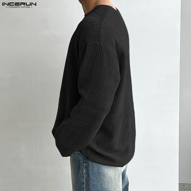 INCERUN Spring Men Long Sleeve Casual Loose Rib Pullover T-shirts Tops