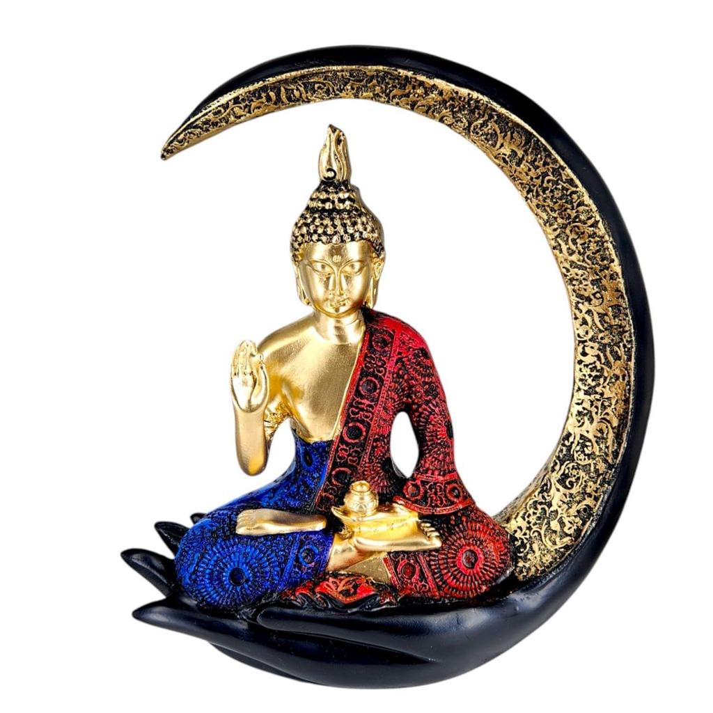 Decorative Buddha Idol for Home | Resin Meditating Buddha Statue In Moon Frame | Spiritual Showpiece