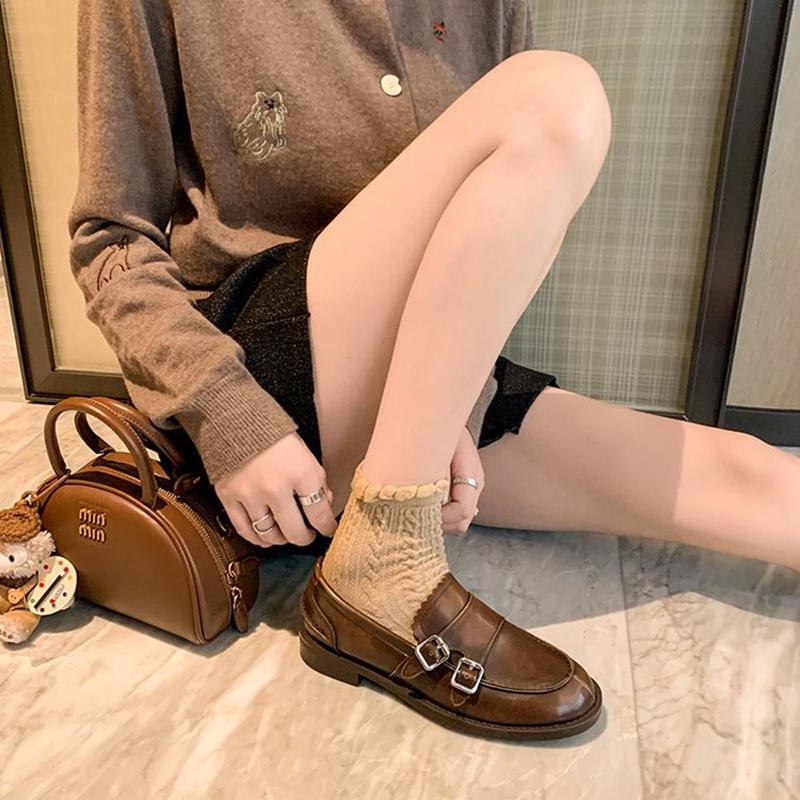 Fashion Women's new leather cowhide round toe mid heel metal belt buckle college style single shoe retro casual shoes