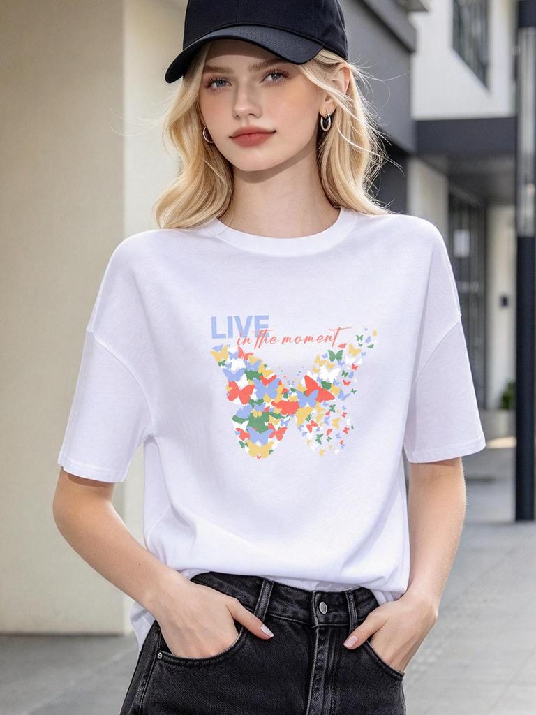 Fashion Butterfly Print Casual Loose Soft Comfortable Trendy Short Sleeve Daily Wear Summer T-shirt