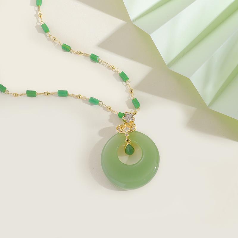 Emerald Safety Buckle Necklace Female Retro Chinese Style Hetian Jade Water Drop Heart Pendant Jewelry