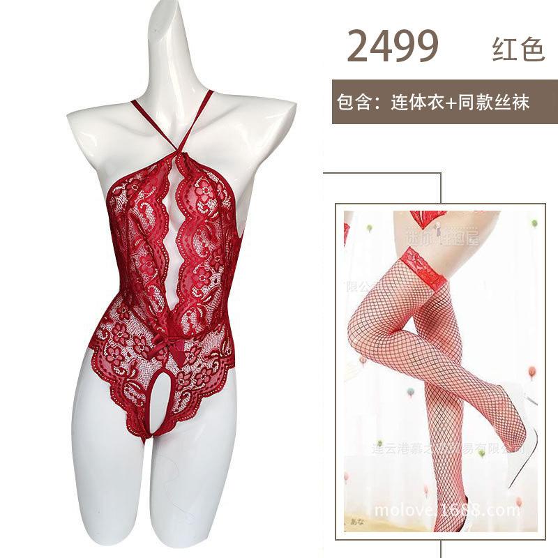 Sexy Hollow Breast Perspective Sex Underwear Pearl Breast Large Lace Open Door No-Take-Off onesie