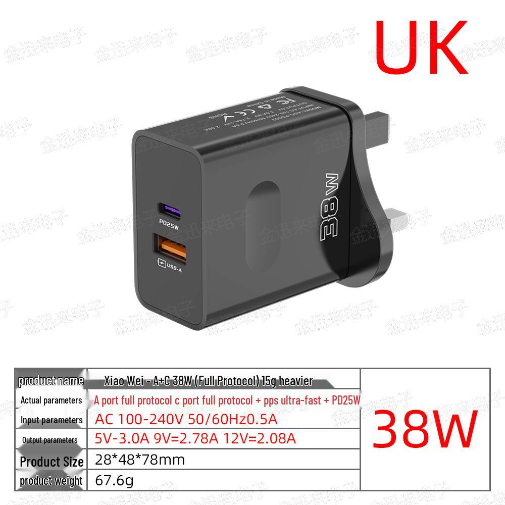 Carregador Rápido USB+PD de Porta Dupla 38W com Carregamento Rápido (UE / EUA / UK Plug)