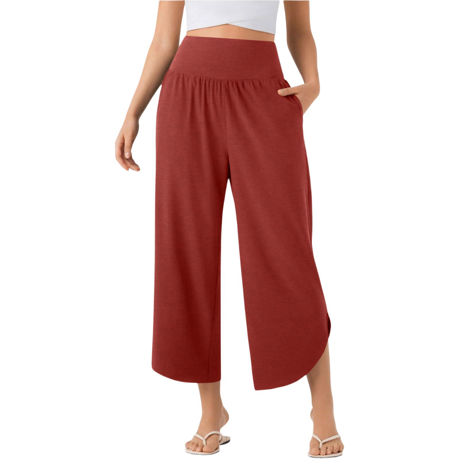 

Women High Waist Tummy Control Split Hem Vacation Pants with Pockets Loose Fit Wide Leg Comfortable Design for Daily Wear XL Кіновар