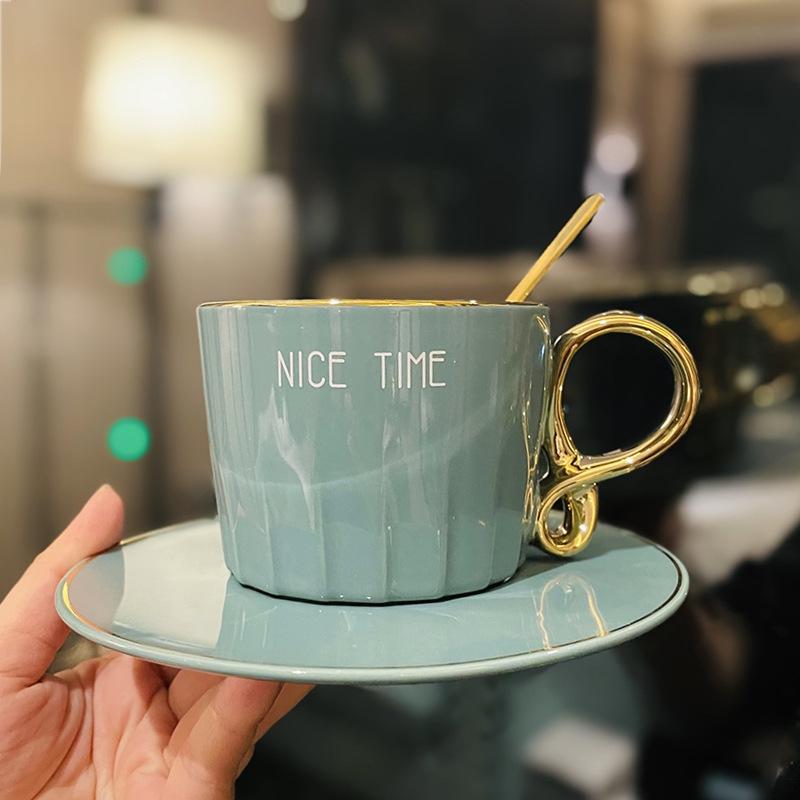 Nordic Light Luxury Designer Coffee Cup with Gold-painted High Value Office Ceramic Cup and Saucer with Spoon