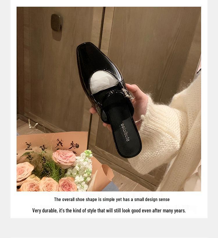 Grape Mom French Square Toe Diamond Buckle Low Heel Pointed Toe Mule Slippers for Women