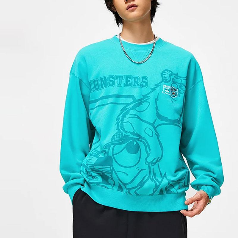Li Ning X Disney Collaboration FW23 Letter Cartoon Print Fleece Warm Loose Pullover Sweatshirt Unisex sweatshirt Ice-Porcelain-Green AWDT813-4