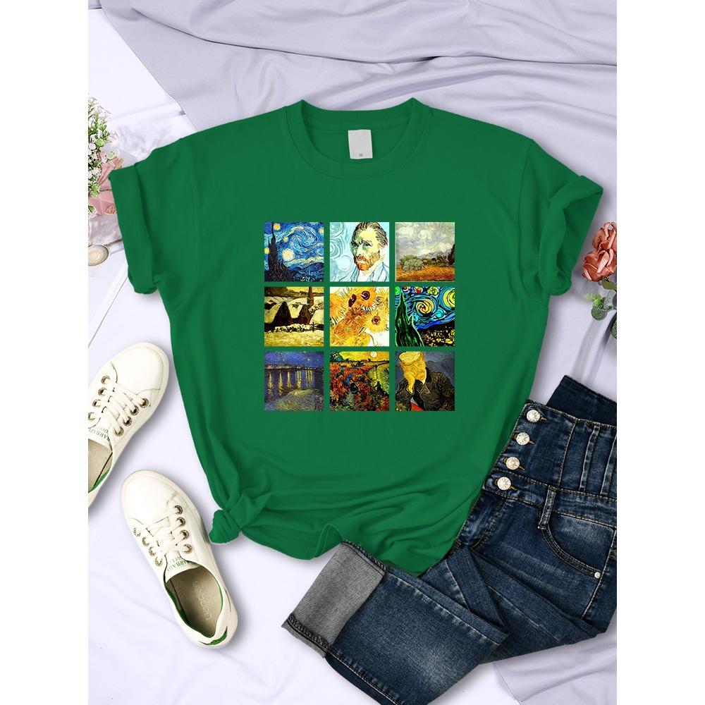 Van Gogh Works Sanskrit Printed Female Tops Breathable Casual T Shirts Fashion Short Sleeve Women Crewneck Street Tshirt