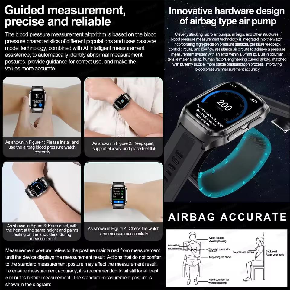 2026 New Men Airbag Air Pump ECG Blood Pressure Uric Acid Blood Fat Temp Health Monitor Bluetooth Call 2.06-inch AMOLED Smart Watch