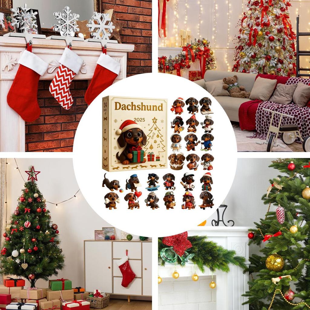 Dachshund Christmas Advent 2D Flat Acrylic Collectible Cute Christmas Dog Pendant Countdown Calendar Dachshund Figurines for Kid