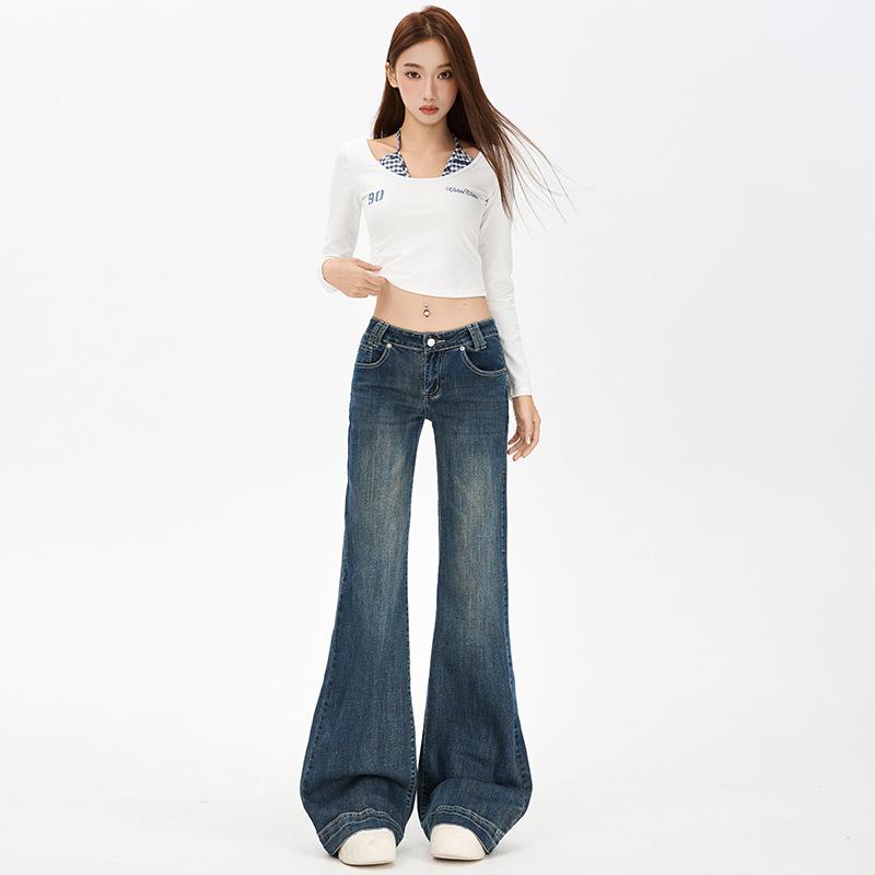 Blue denim micro-pull pants women's winter new design sense retro design sense rear bag floor pants