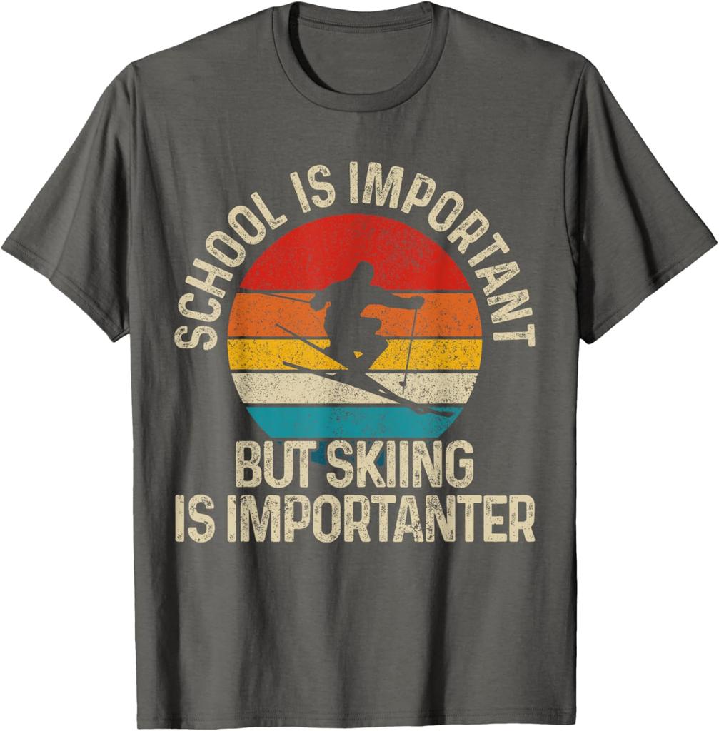 Skiing is Importanter Than School Funny Retro Sunset Graphic Tee Unisex Casual TShirt