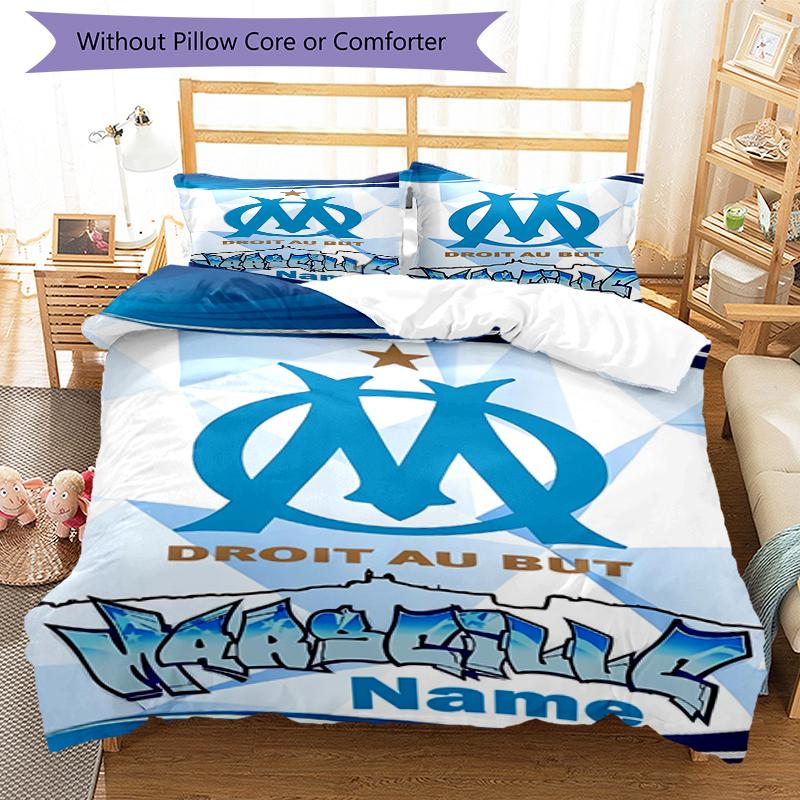 3pcs Custom Name Olympique De Marseille Bedding Set Duvet Cover Closure Includes 1 Duvet Cover & 2 Pillowcases, Soft and Comfortable for All Seasons.
