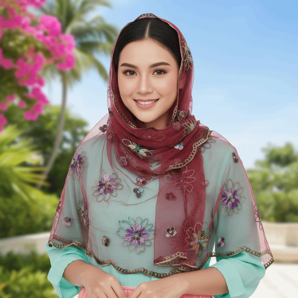 Lightweight Sheer Shawl Embroidered Summer Hijab Lace Scarf Floral Headwrap  Sun Protection