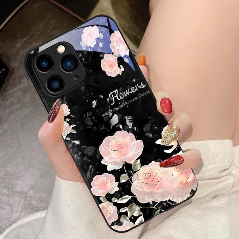 Rose Pink Flower Cluster For IPhone 16 Pro Max 15 Pro 14 13 12 Mini 11 XS Max XR 7 8 Plu SE 2022 Tempered Glass Phone Case