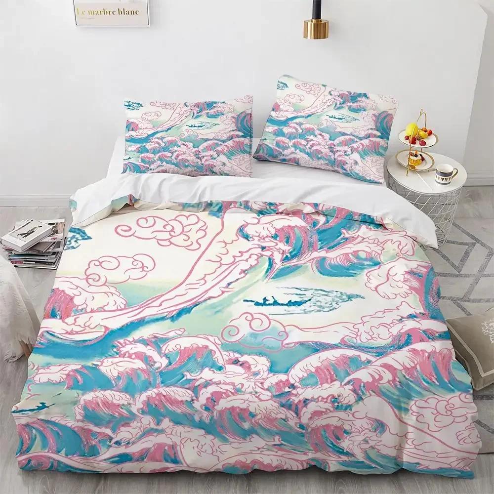 Wave Duvet Cover Set Hokusai Pattern Japanese Ukiyoe Quilt Cover Oriental Sketch Style Ocean Queen Twin Polyester Bedding Set