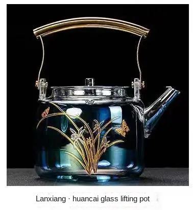 

High-temperature Shell Color-fired Glass Teapot Thickened Large-capacity Filter Teapot Dazzling Flower Teapot Lifting Beam Pot