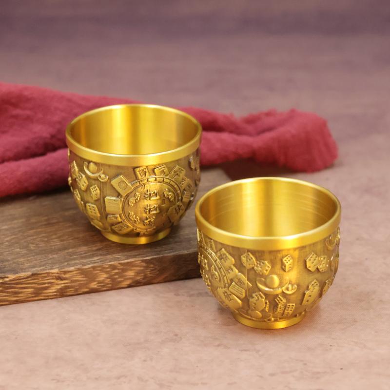 1Pcs Brass Fu Bowl Desktop Lucky Decor Hand Carved Brass Drinking Cup Treasure Bowl Metal Artifact Gifts