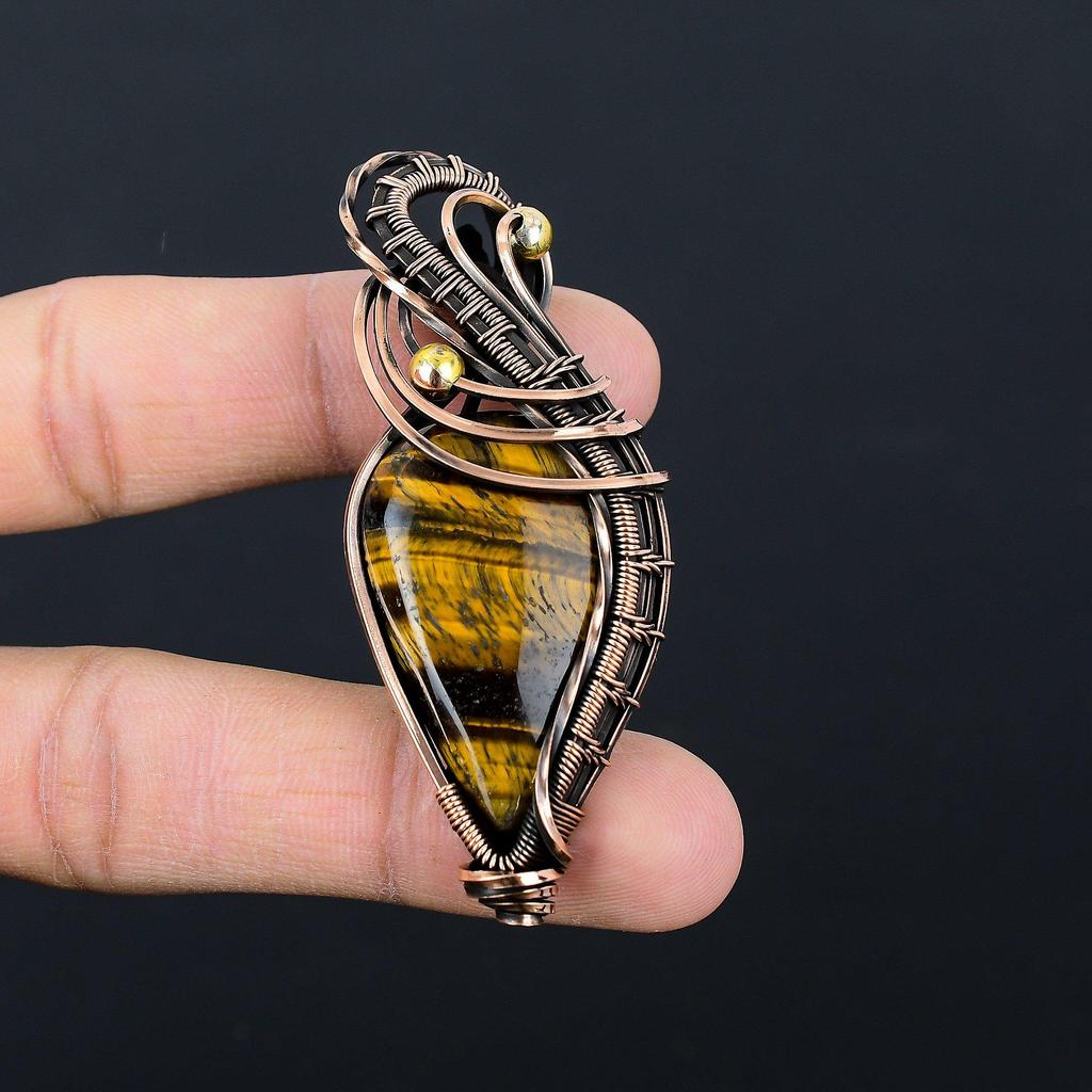 Tiger's Eye Gemstone Pure Copper Wire Wrapped Handmade Jewelry Pendant For Her