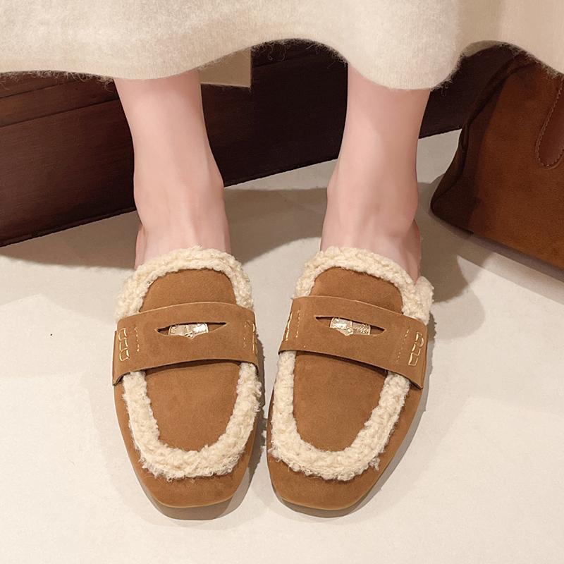 Autumn Women's Shoes New Thickened Plush Warm Mules Retro Faux Suede Moccasin Metal Coins Penny Loafers Fashion Fleeces Slippers