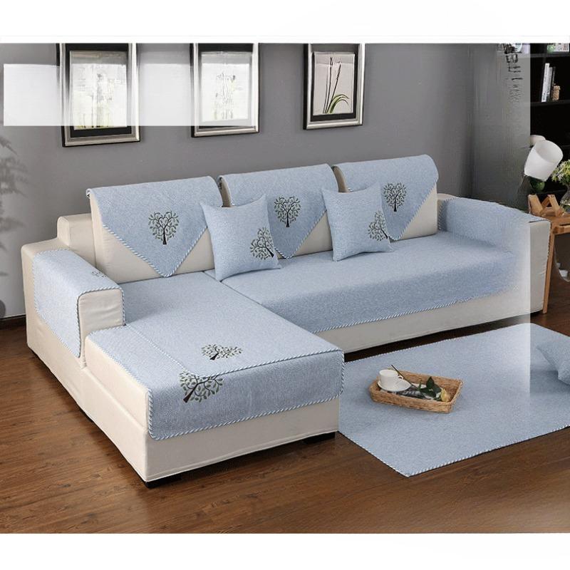 Four Seasons Non-Slip Embroidered Sofa Cushion Cotton Linen Fabric Living Room Universal Linen Thickened Modern Minimalist Solid Color Sofa Towel