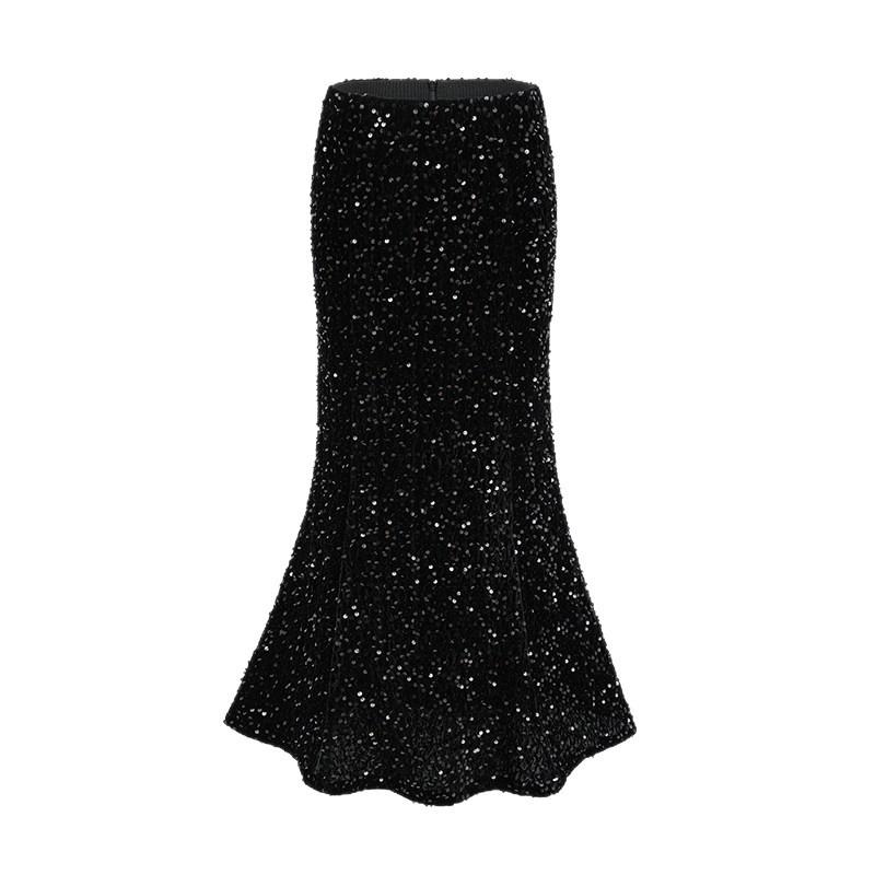 Island Song Fishtail Sequin Skirt Black A-line Midi Women's High-Waisted Autumn/Winter 2025