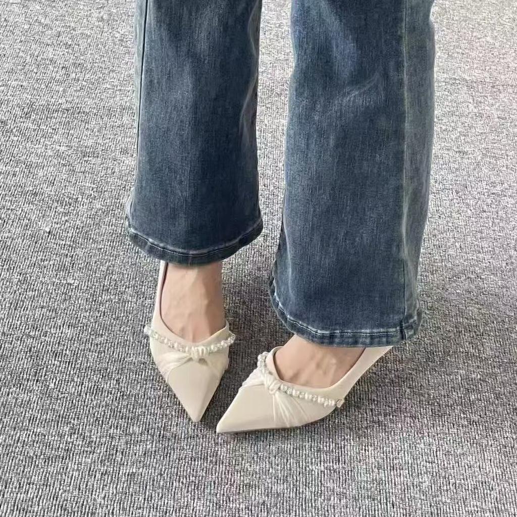 High Heels Women's Pointed Toe Thin Heel Summer 2025 New Solid Color Bow Design Sense Niche Fashion Single Shoes Women