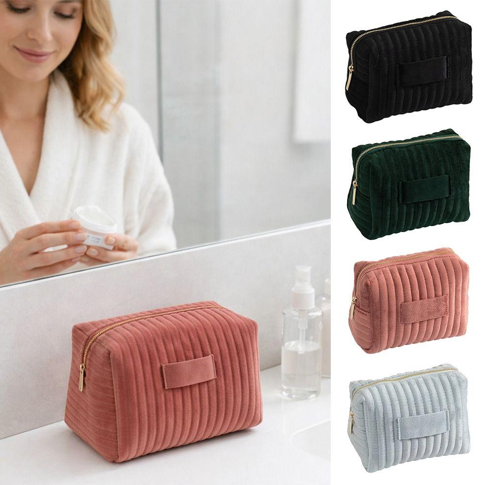 INS Velvet Makeup Bag Striped Quilting Large Capacity Cosmetic Bag Soft Touch Cosmetic Pouch Women