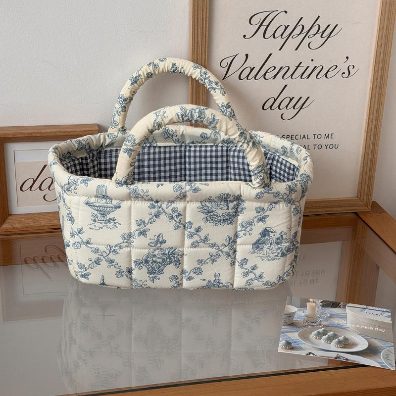 Floral Vintage Organizer Basket With Handle Portable Home Storage Basket For Living Room Kitchen Countertop