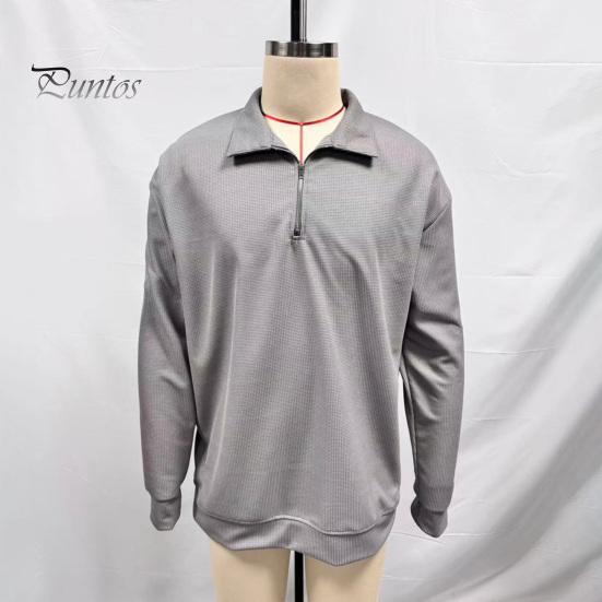 Men Sweatshirt Waffle Fabric Texture Long Sleeve Zipper Half Opening Classic Outdoor Activity Lapel Pullover Tops Solid Color Loose Fit Casual