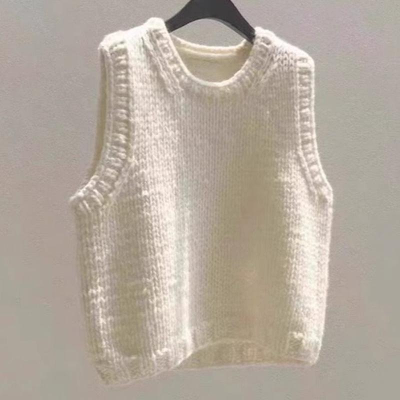 Women's Skin-Friendly Soft Korean College-Style White Sleeveless Gentle Crew-Neck Knitted Top Loose Sweater Vest Cardigan