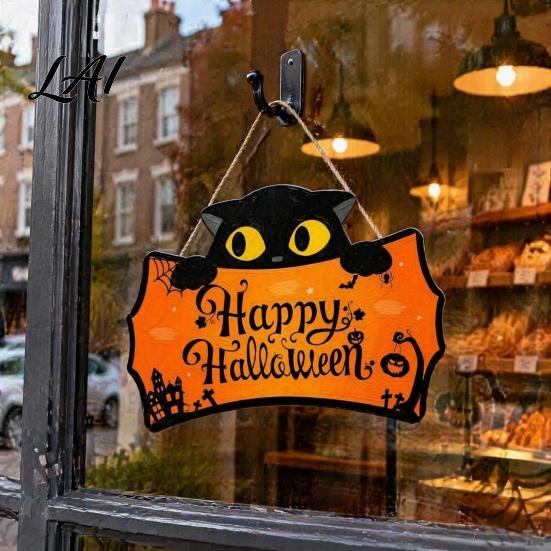 Autumn Festival Wall Ornaments Halloween Wooden Door Hanging Plaque Printed Black Cat Pumpkin Castle Spider Web Front Spooky Art Sign Waterproof
