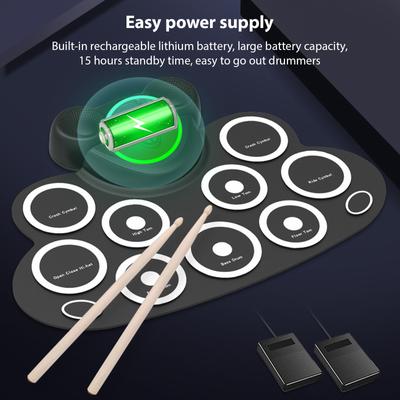 Elektronisches Schlagzeug, Hand-Roll-Drum-Set mit Drumsticks, Fußpedal, 9 Pads, Dual-Lautsprecher, wiederaufladbar