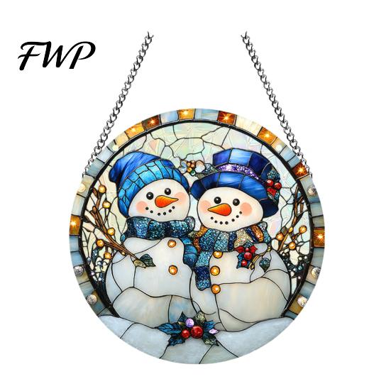 Winter Wonderland Party Decorations Christmas 2D Acrylic Hanging Ornaments, Stained Glass Style Snowman Santa Snowflake Patterned Decor Window Hanger