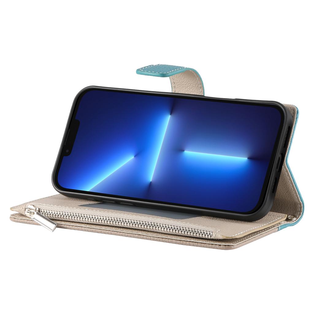 For iPhone 13 Pro Max Case Zipper Pocket Wallet Color Splicing Leather Flip Phone Cover with Straps