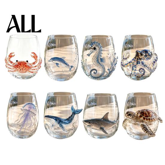 Unique Gift for Ocean Lovers 12oz Octopus Water Cup, Embossed Design, Hand Painted Marine Style Themed Glassware Drinking Home Bar Decor Stemless
