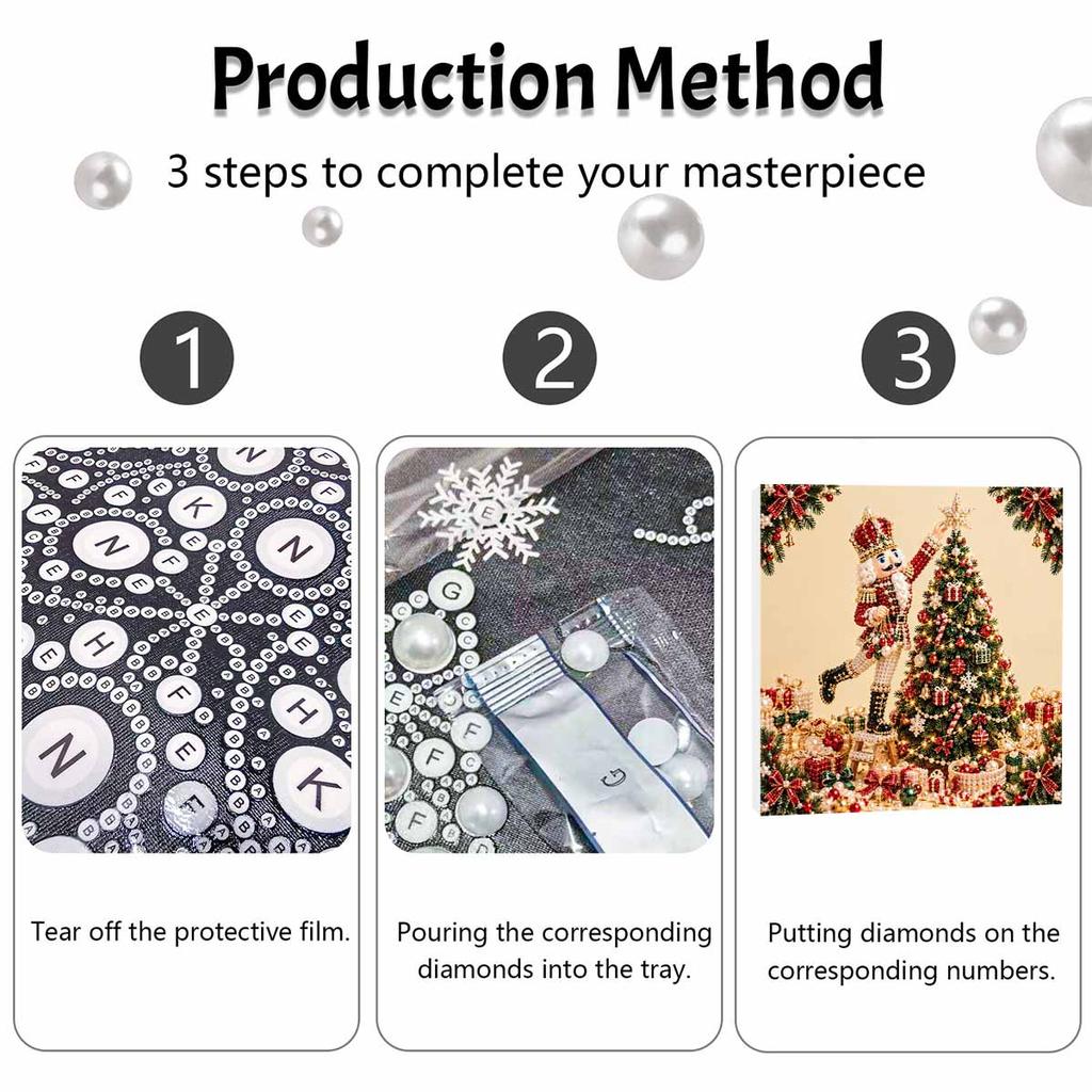 5D Pearl Painting Kit Framed with Nutcracker Decorating Christmas Tree Sparkling Bead Art Canvas DIY Relaxing Craft for Wall Decor Gift