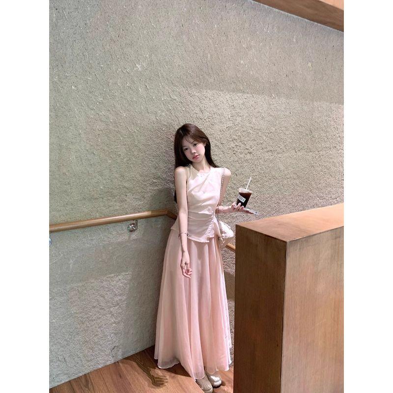 Kumikumi Sweet Style Fake Two Pieces Patchwork Vest One Piece Dress Women Clothing Summer Slimming Pink Large Swing Skirt Long Dress
