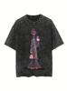 Black Retro Washed Vintage Design Anime Portrait Printed Tshirts